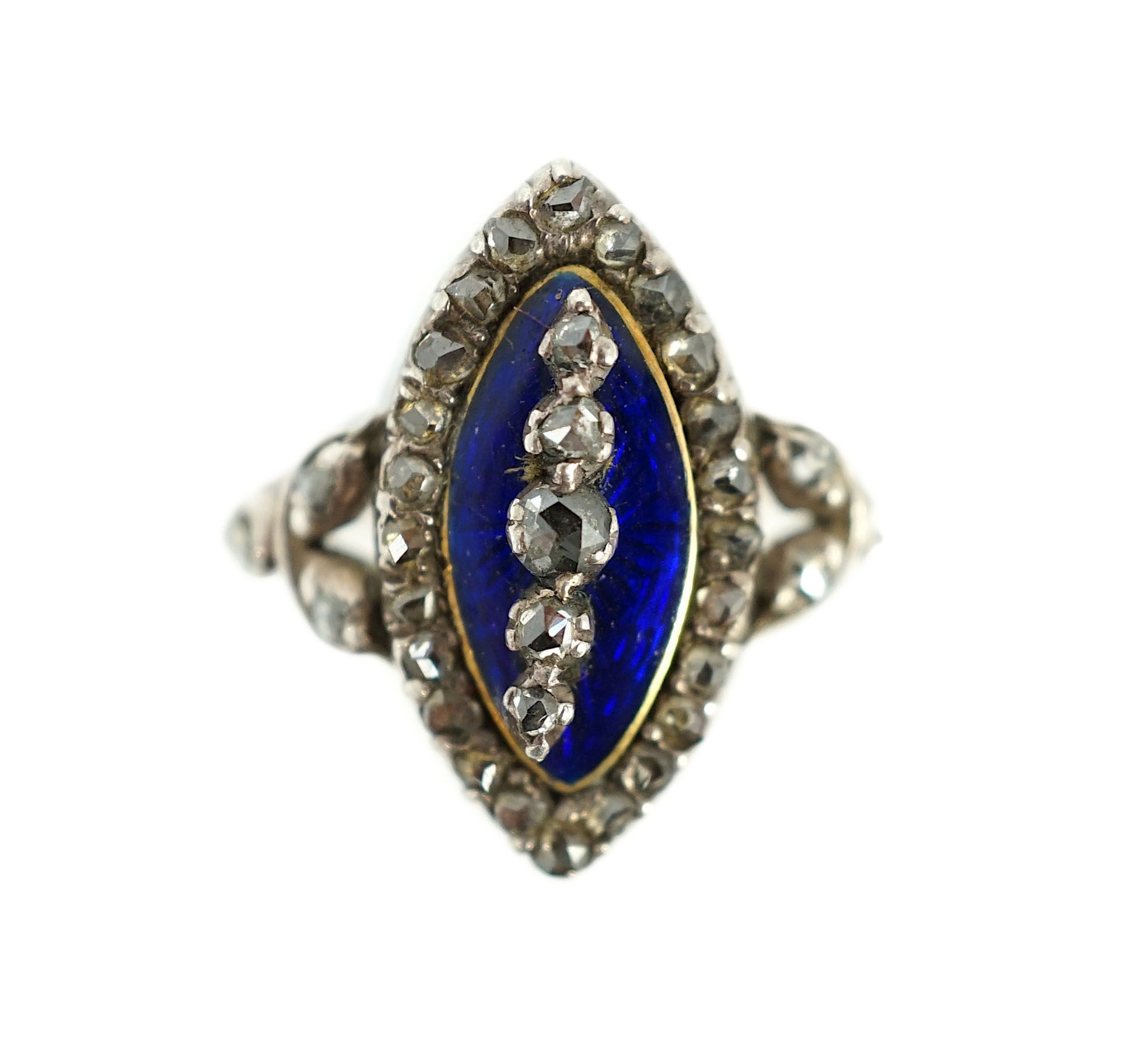 An 19th century gold, rose cut diamond and blue guilloche enamel set marquise shaped ring